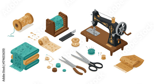 Isometric sewing tools and materials with vintage sewing machine on white background