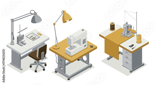 Isometric sewing room with sewing machines, workstations, and materials in modern style