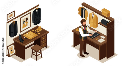 Tailor in stylish workshop with suits and accessories in isometric design