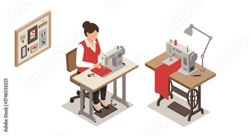 Seamstress working on sewing machine in isometric style with fashion tools