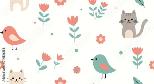 A charming pattern featuring cute cats and birds with floral accents.