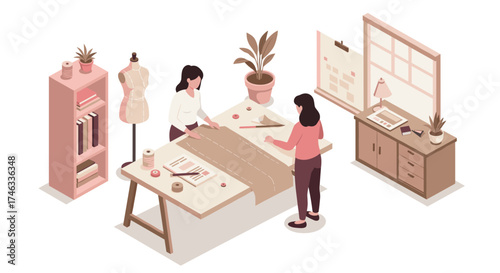 Creative workroom with women sewing and designing in isometric style