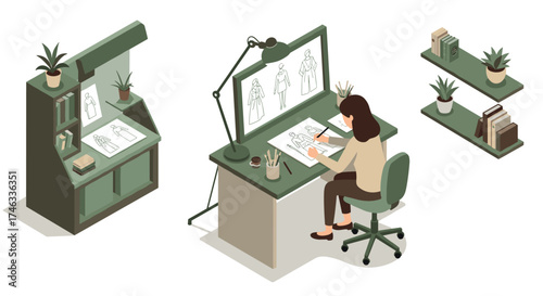 Fashion designer sketching apparel on drafting table in cozy workspace