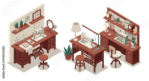 Isometric sewing studio with craftsman desks and vintage sewing machines