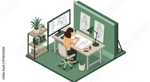 Fashion designer working on digital and sketch designs in modern office