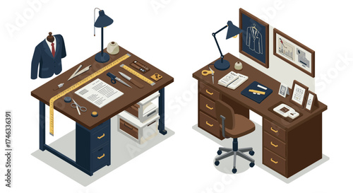 Tailoring and design studio workspace in isometric style