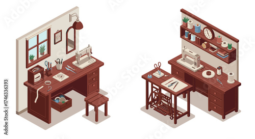 Cozy sewing room with vintage desk and craft supplies in isometric style