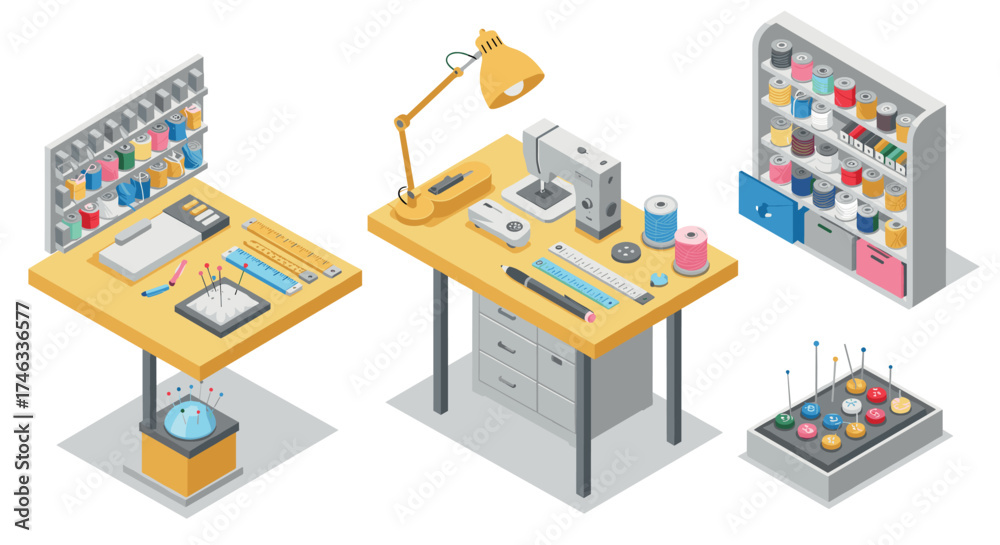 Fototapeta premium Sewing workshop isometric design with tools and equipment on tables