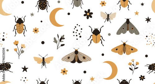 Whimsical celestial insects and floral patterns on a white background.
