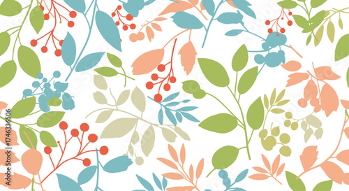 A beautiful seamless pattern of colorful floral and berry elements.