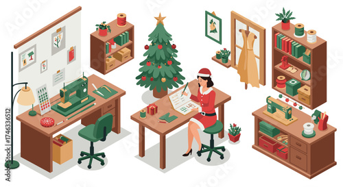Festive sewing studio with christmas tree and decorations in isometric style
