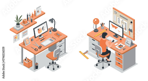 Creative workspace: designer and artist desks in modern isometric style
