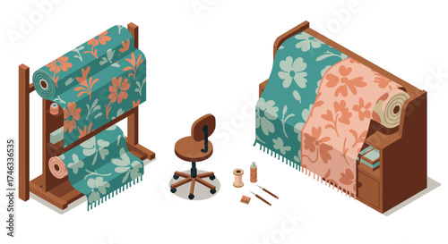 Cozy home textiles workshop with floral patterns in isometric style