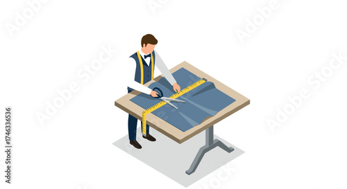 Isometric tailoring: man cutting fabric for custom clothing on table