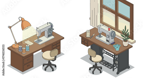 Isometric sewing machine workspaces with vintage and modern designs