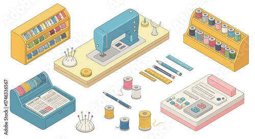 Isometric sewing tools and equipment in pastel colors for creative projects