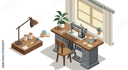 Vintage sewing room with sewing machine and accessories in cozy isometric style