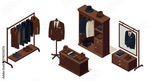 Elegant menswear boutique display with suits, hats, and shoes in isometric design