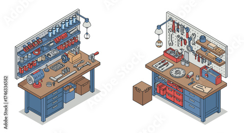 Isometric workshop desks with tools and shelving for craft and repair