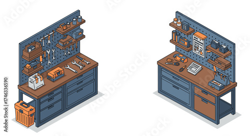 Isometric workshop benches with tools and supplies in detailed setup