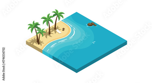 Isometric tropical beach scene with palm trees and ocean waves