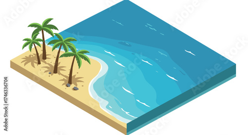 Tropical beach isometric design featuring palm trees and ocean waves