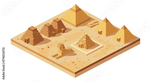 Isometric pyramid desert scene featuring iconic egyptian structures