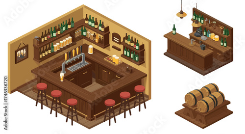 Cozy isometric pub interior with bar counter, stools, and shelves of bottles
