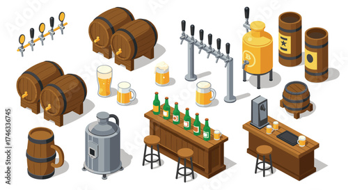 Isometric brewery bar elements with kegs, beer glasses, and brewing equipment