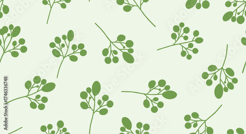 A delicate pattern of green branches and berries on a light background.