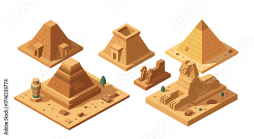 Isometric ancient egyptian landmarks: pyramids and sphinx in desert scenes