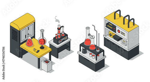 Isometric laboratory equipment with chemical flasks in modern design