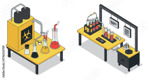 Isometric laboratory equipment with chemical flasks on tables in yellow and black theme