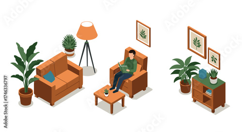 Cozy living room with modern furniture and indoor plants in isometric design