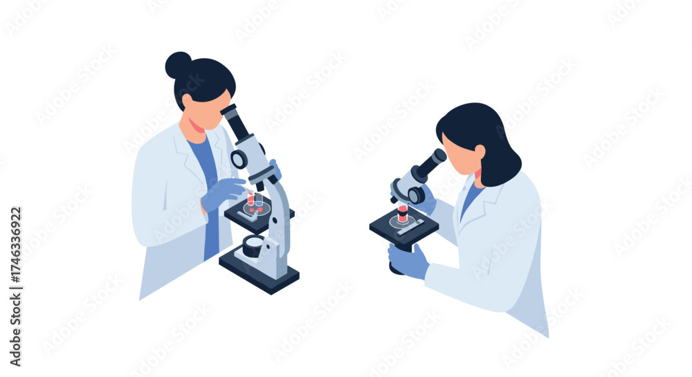 Fototapeta premium Scientists using microscopes for laboratory research in isometric style