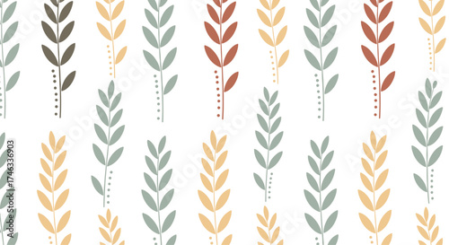 A repeating pattern of stylized botanical elements in a muted earthy color palette.