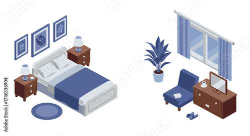 Cozy isometric bedroom scene with furniture and decor elements