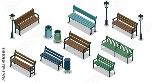 Isometric park benches and street lamps set with trash bins