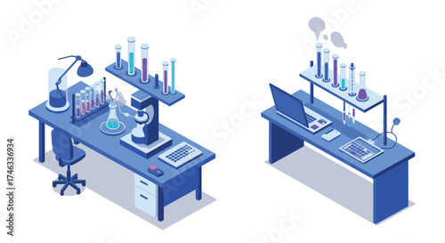 Modern isometric science lab with equipment and technology on workbenches