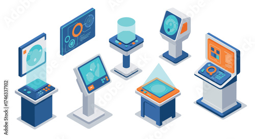 Futuristic isometric control panels for sci-fi interfaces and technology concepts