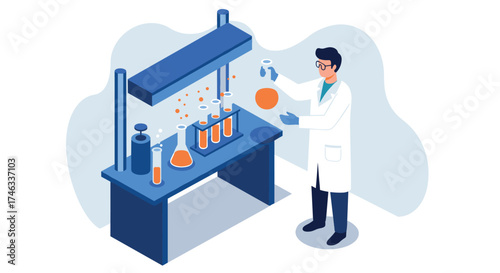 Scientist conducting experiment in modern laboratory with chemical equipment