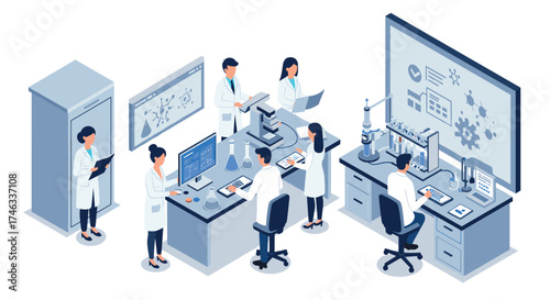 Modern laboratory with scientists conducting research and experiments in isometric style