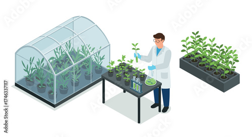 Scientist conducting plant experiments in greenhouse with modern techniques