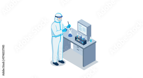 Isometric scientist in protective suit conducting laboratory experiment on computer