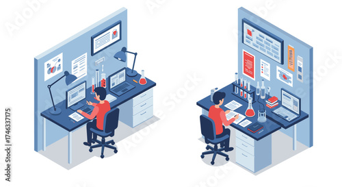 Isometric office workstations with laptops and scientific equipment