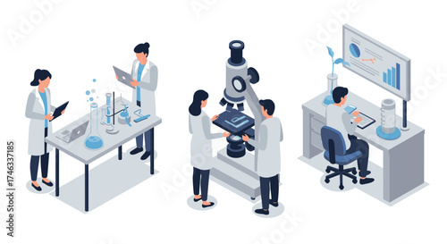 Isometric laboratory scene with scientists conducting experiments and analyzing data