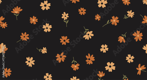 A dark background with scattered small flowers in orange and beige colors.