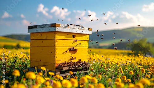 Yellow beehive box surrounded by active bees in colorful flower-filled meadow with sunlight and trees for editorial ecology pollination and sustainable environment-themed visuals