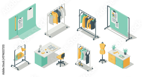 Fashion workspace design with clothing racks and sewing tools in isometric style