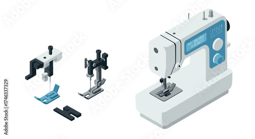 Isometric sewing machine set with attachments and detailed features